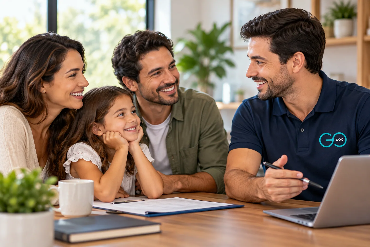 Ilustração de um consultor Go Doc conversando com uma família feliz