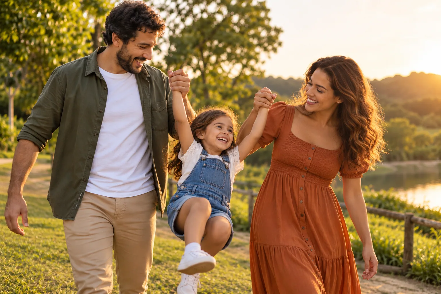 Ilustração de uma família feliz passeando ao ar livre